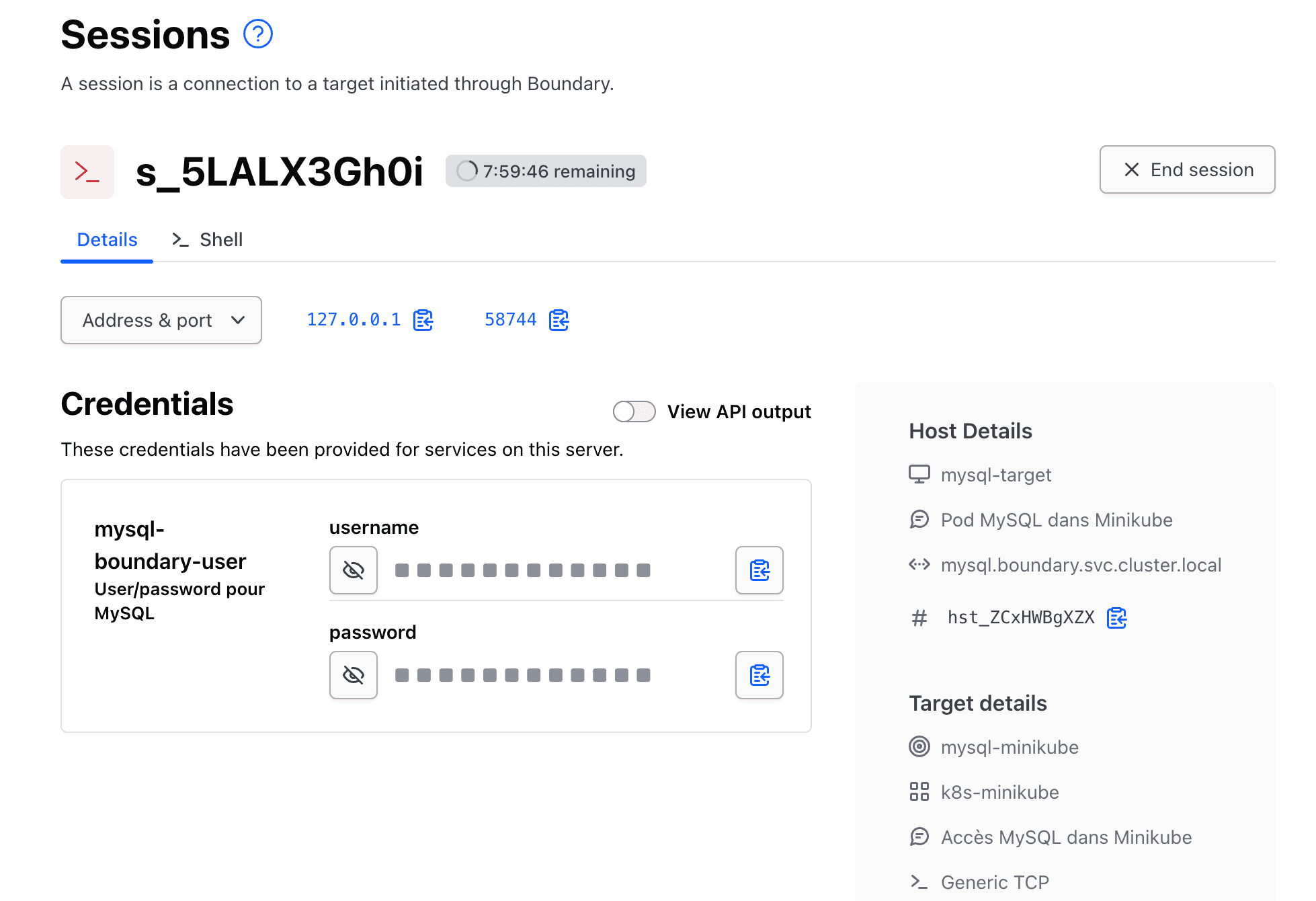 MySQL session — Boundary brokers the credentials and opens a local tunnel to the database
