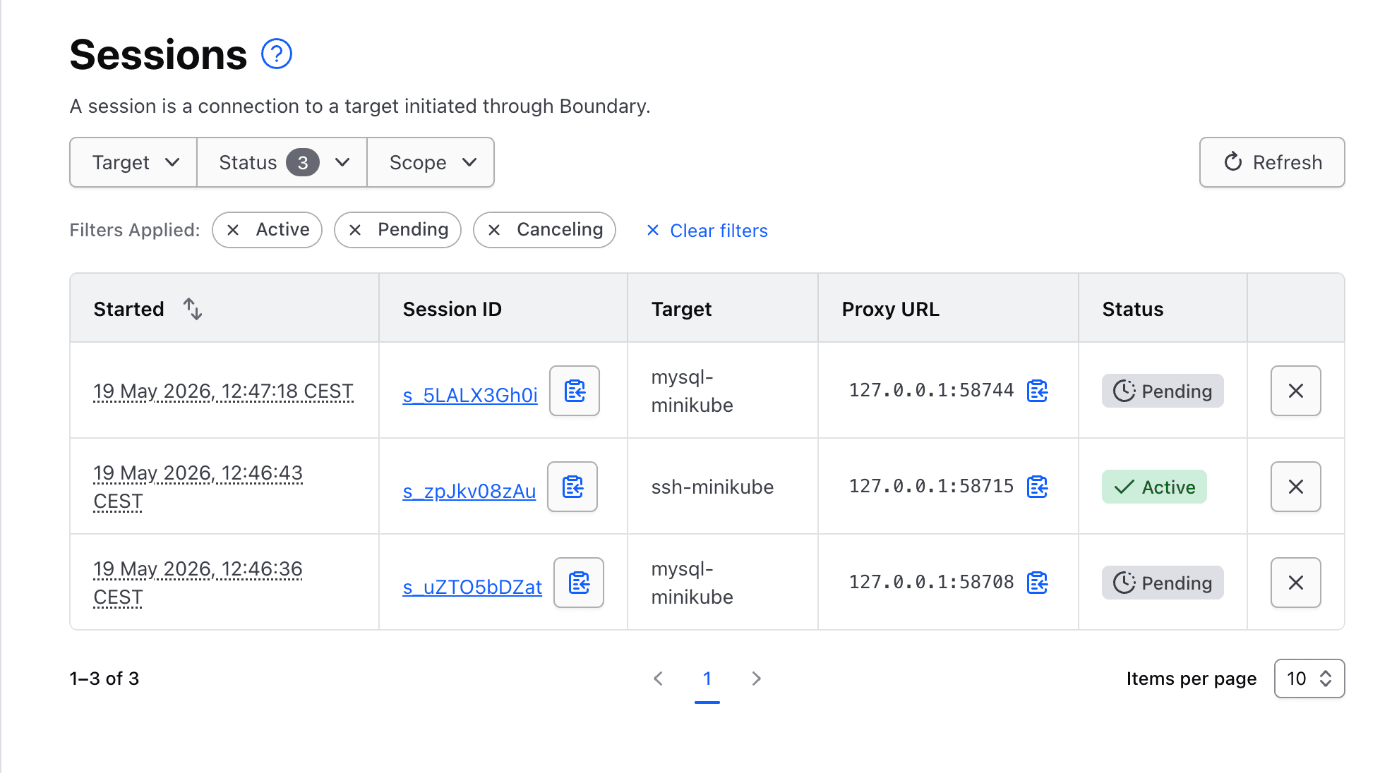 Active and completed sessions in the HCP Boundary console