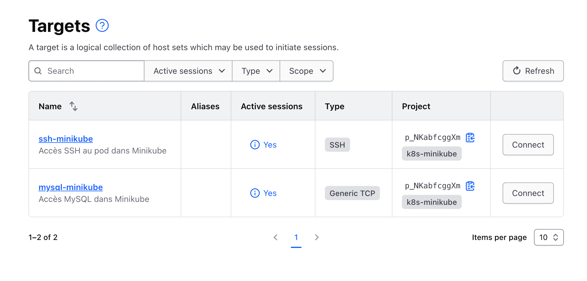 Boundary targets list — SSH and MySQL targets registered in the k8s-minikube project